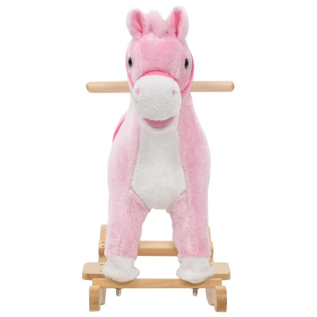 Schaukeltier Pferd Rosa für Kleinkinder, Schaukelpferd mit Metallrahmen und Holzsockel, Kuscheliges Plüschpferd für Kinder von 12 bis 36 Monaten, 65x32x58 cm