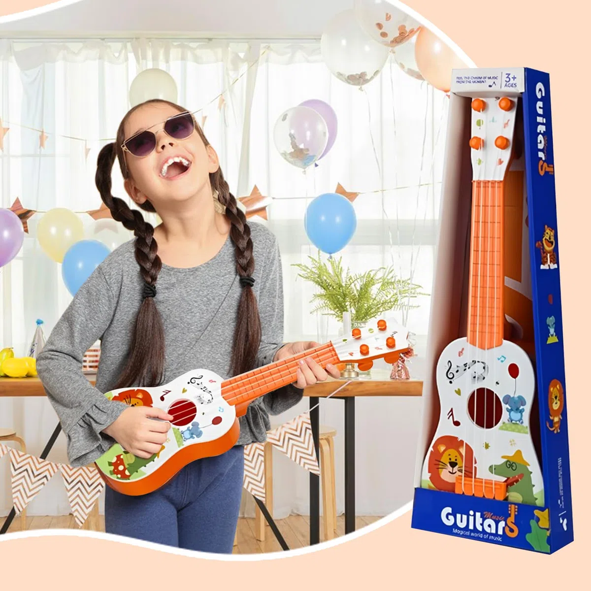 42cm Kindergitarre Mit 4 verstellbaren Saiten Ukulele Gitarre Spielzeug für Kleinkinder Anfänger Jungen Mädchen(Löwe)