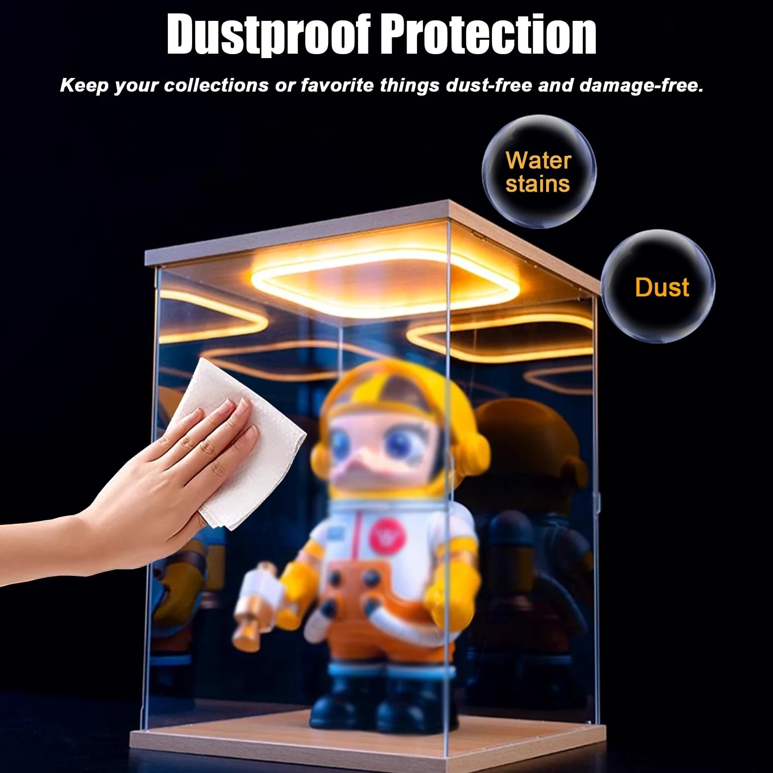 Acryl Vitrine Vitrine für Figuren, Puppen und Trophäen, Leichter, Hoher Acryl-Vitrine für Sammlerstücke, Staubdichter Aufbewahrungsschrank mit LED-Beleuchtung, PVC-Vitrine mit Würfel(40x40x50cm/16x16x