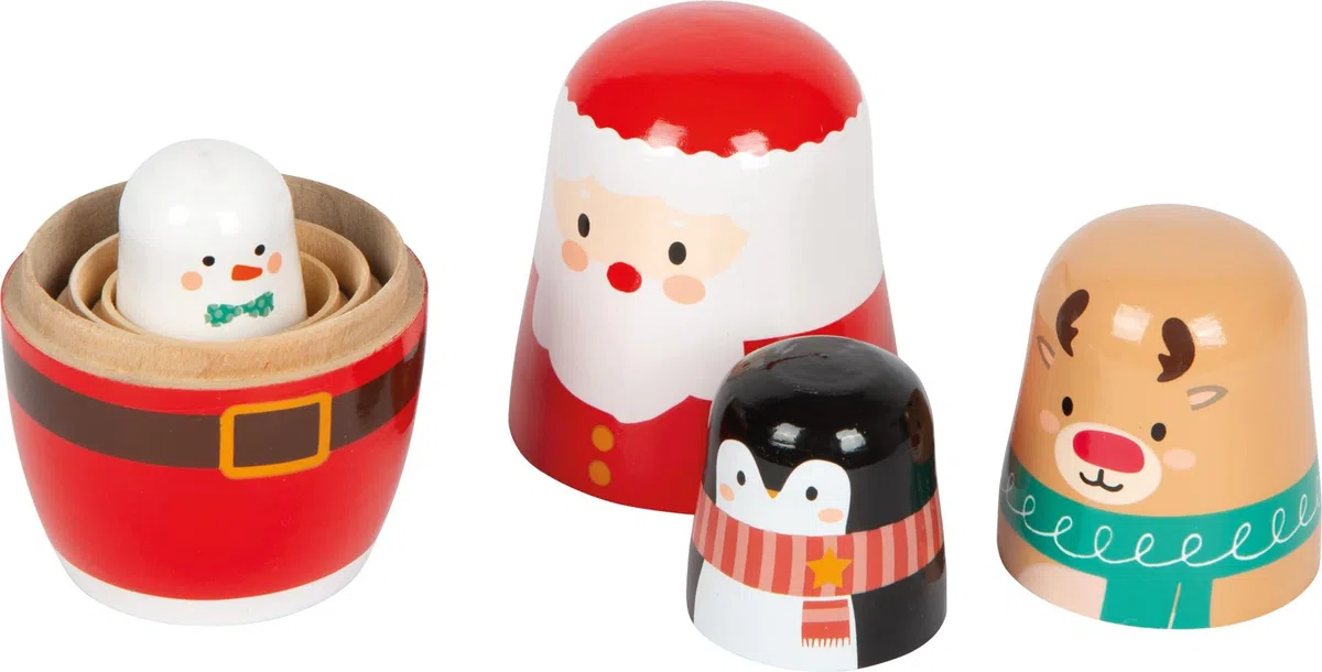 small Foot Matrjoschka Weihnachten Figuren aus Holz, niedliche Nistpuppen, 4-teilig, Stapelspiel für Kinder ab 2 Jahren, 12682