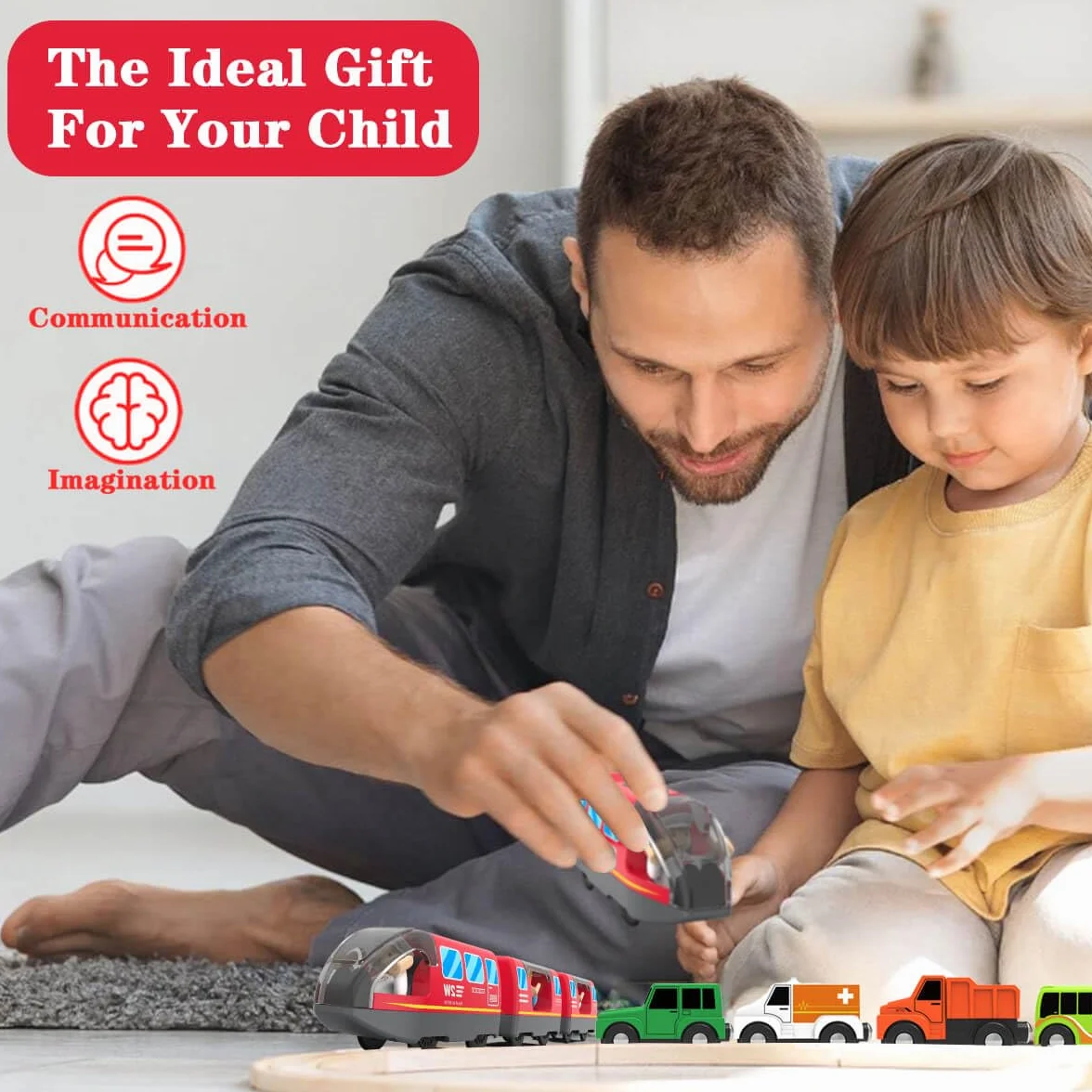 LiRiQi Eisenbahn elektrische lok Holzeisenbahn Zug Kinder, Batteriebetriebener Lokomotivzug, Motorzug kompatibel mit Thomas Brio, Geschenk Spielzeug für Junge Mädchen ab 3 Jahren, Rot