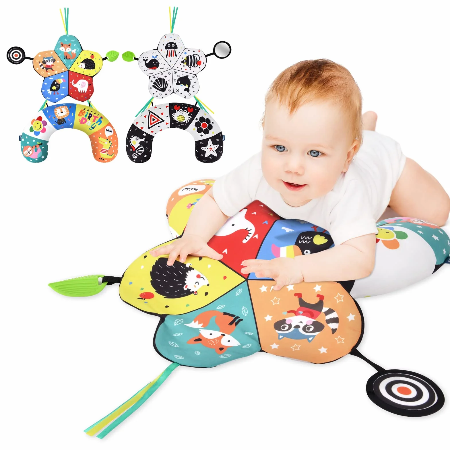 Aolso Baby Bauchkissen, Niedlich Bauchlage Kissen Baby, Hochkontrast in Schwarz-Weiß mit abnehmbarem Teil und Spiegel, Sensorik Spielzeug für Neugeborene zum Spielen in der Bauchlage