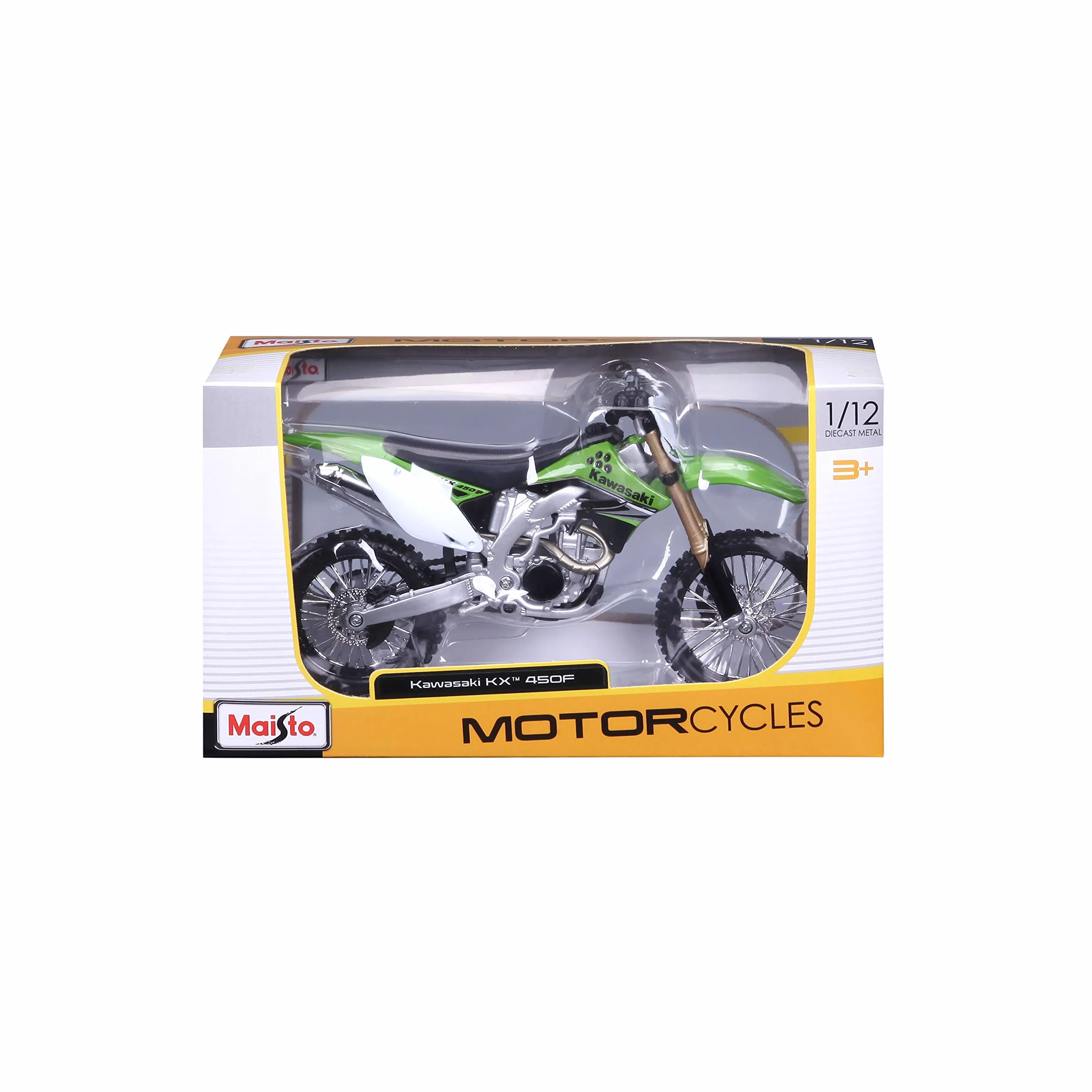 Bauer Spielwaren 2049755 Maisto Kawasaki KX 450F: Originalgetreues Motorradmodell 1:12, mit beweglichem Ständer, Hinterrad-Federung und frei rollenden Rädern, grün (531175)