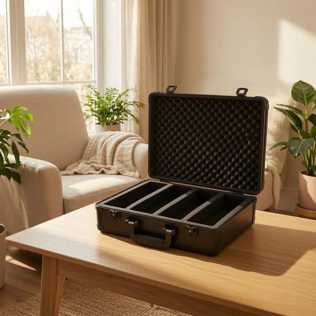 Harilla Stabil Koffer mit Tragegriff Sicher, Sammelkartenkoffer, stoßfest, Kartenbox mit Tragegriff, für Turniere, 430x300x165mm, 4 Schlitze
