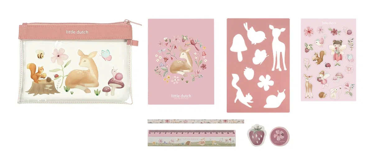 Little Dutch Schreibset (Etui, Notizbuch, Sticker, Lineal, Radiergummi, Bleistift, Anspitzer und Schablone) Kinder Mädchen REH rosa - Fairy Garden