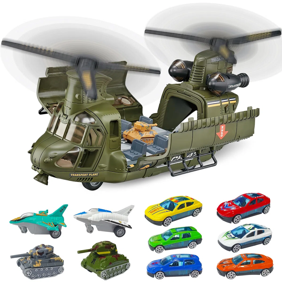 Mostop Militärhubschrauber-Spielzeugset mit Licht-Reibungsangetriebenes Transport-Hubschrauber-Spielzeug mit Panzer, Flugzeugen,Miniautos-Militärspielzeug-Spielset,Geburtstagsgeschenke für Kinder