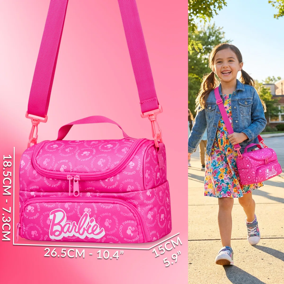 Get Trend Barbie Isolierte Lunchtasche Kinder, Lunch Bag für Brotdose, 2 Fächer & Abnehmbarer Schultergurt, Thermo Kühltasche für Schule Picknick Kita, Geschenk für Mädchen & Teenager
