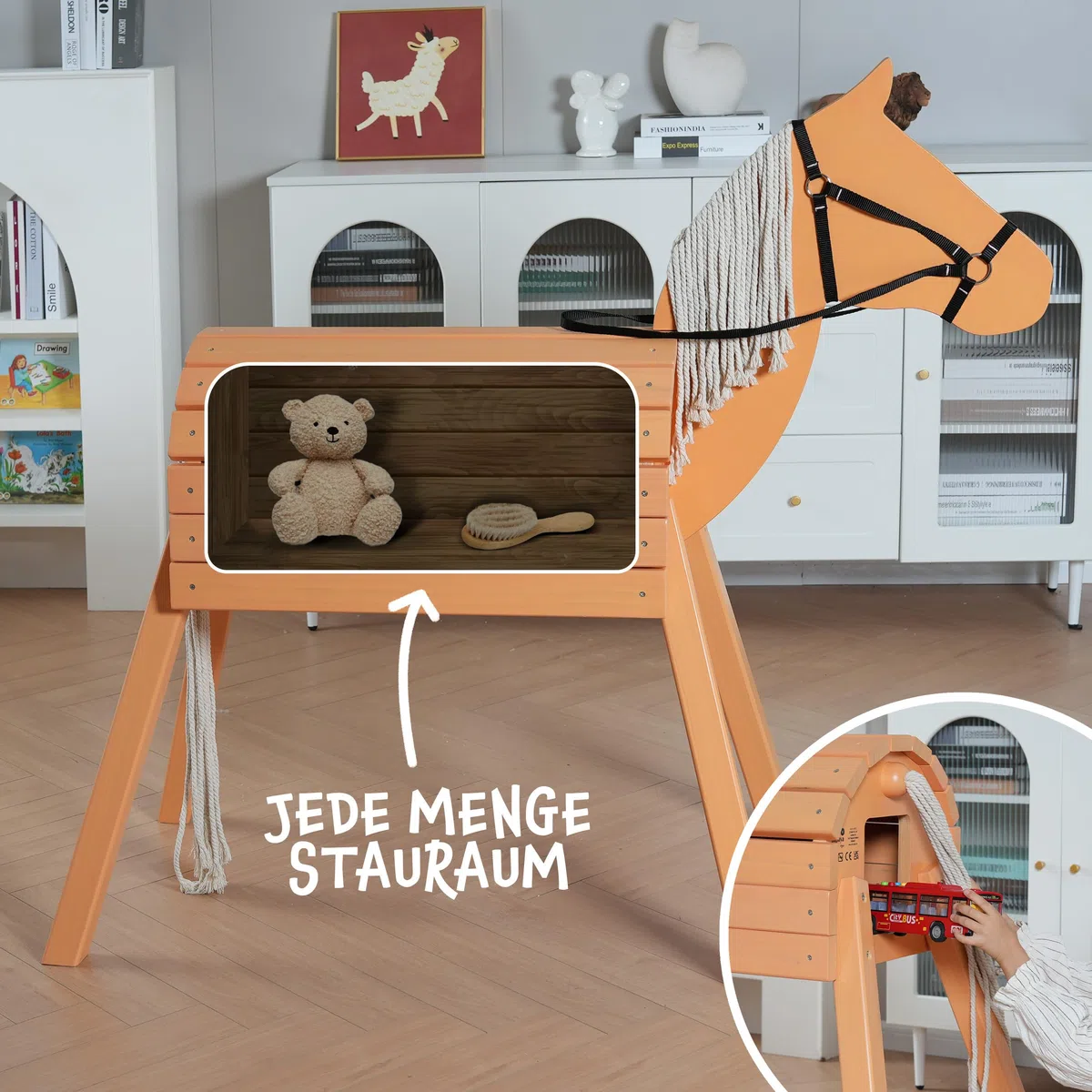 Pink Papaya Holzpferd für draußen, Reitpferd aus Holz für Kinder, Spielpferd XXL für den Garten, Outdoor Pferd mit Mähne und Schweif
