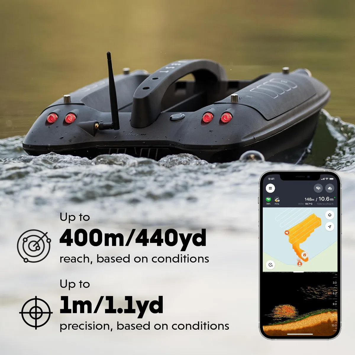 Deeper Quest Köderboot mit CHIRP Sonar, bis zu 7 Stunden Akku, automatischer GPS-Pilot und leises Köderabgabesystem für Karpfenangeln