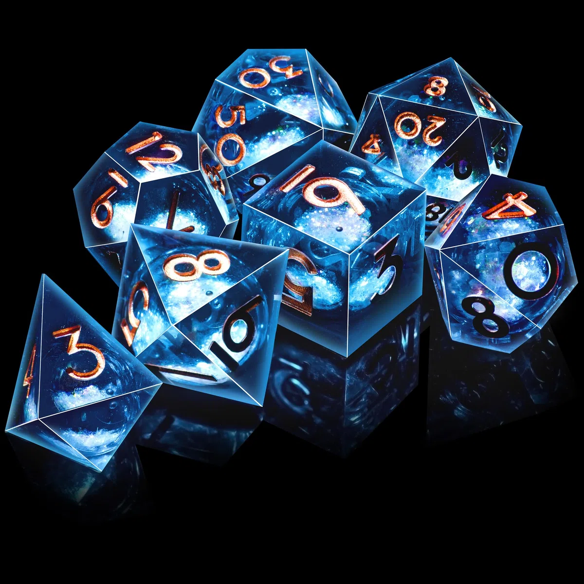 SIQUK 7 Stück Würfel Set Polyedrische Würfel Liquid Core Würfel D4 D6 D8 D10 D12 D20 D% Spielwürfel für DND RPG MTG, Blau & Schwarz, Gold