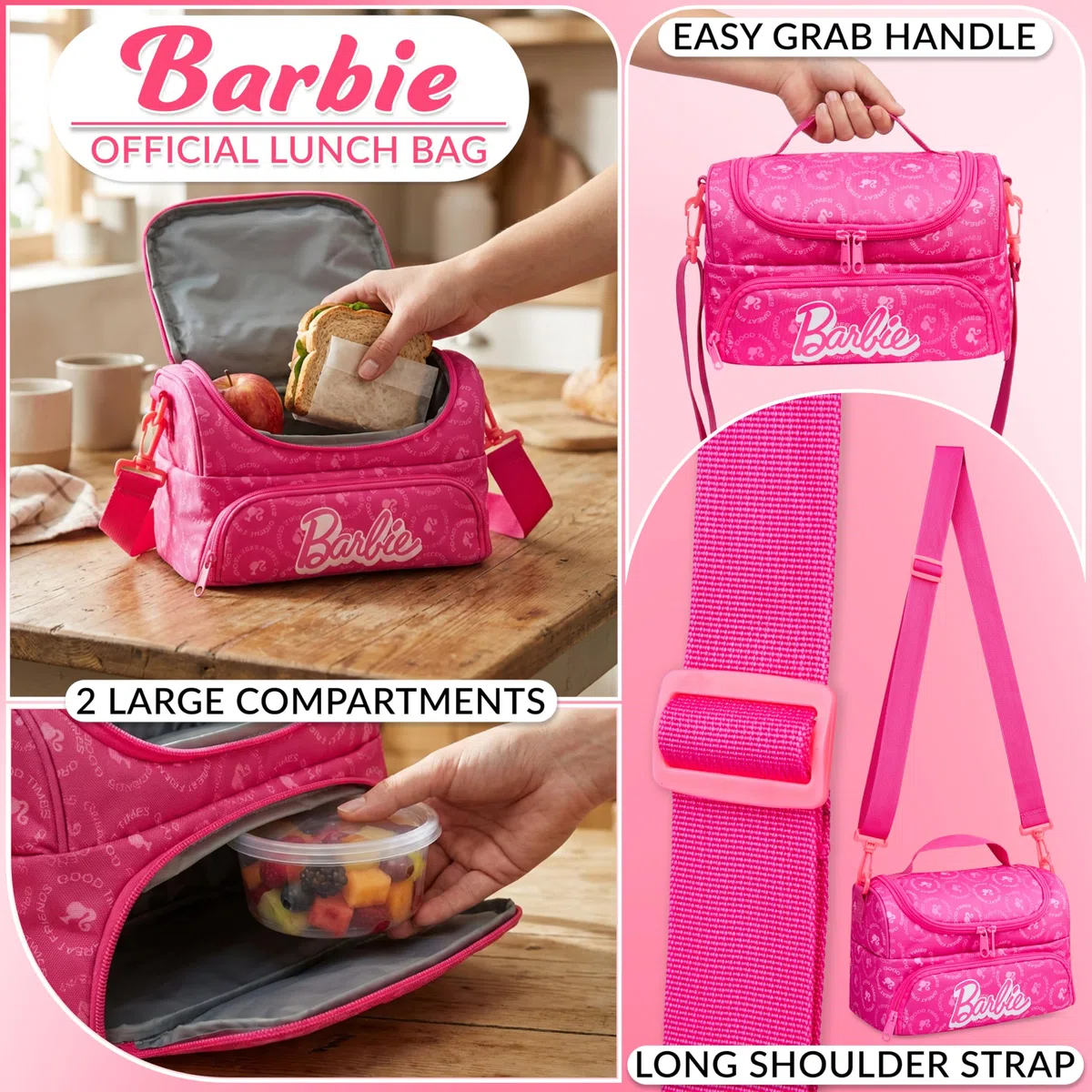 Get Trend Barbie Isolierte Lunchtasche Kinder, Lunch Bag für Brotdose, 2 Fächer & Abnehmbarer Schultergurt, Thermo Kühltasche für Schule Picknick Kita, Geschenk für Mädchen & Teenager