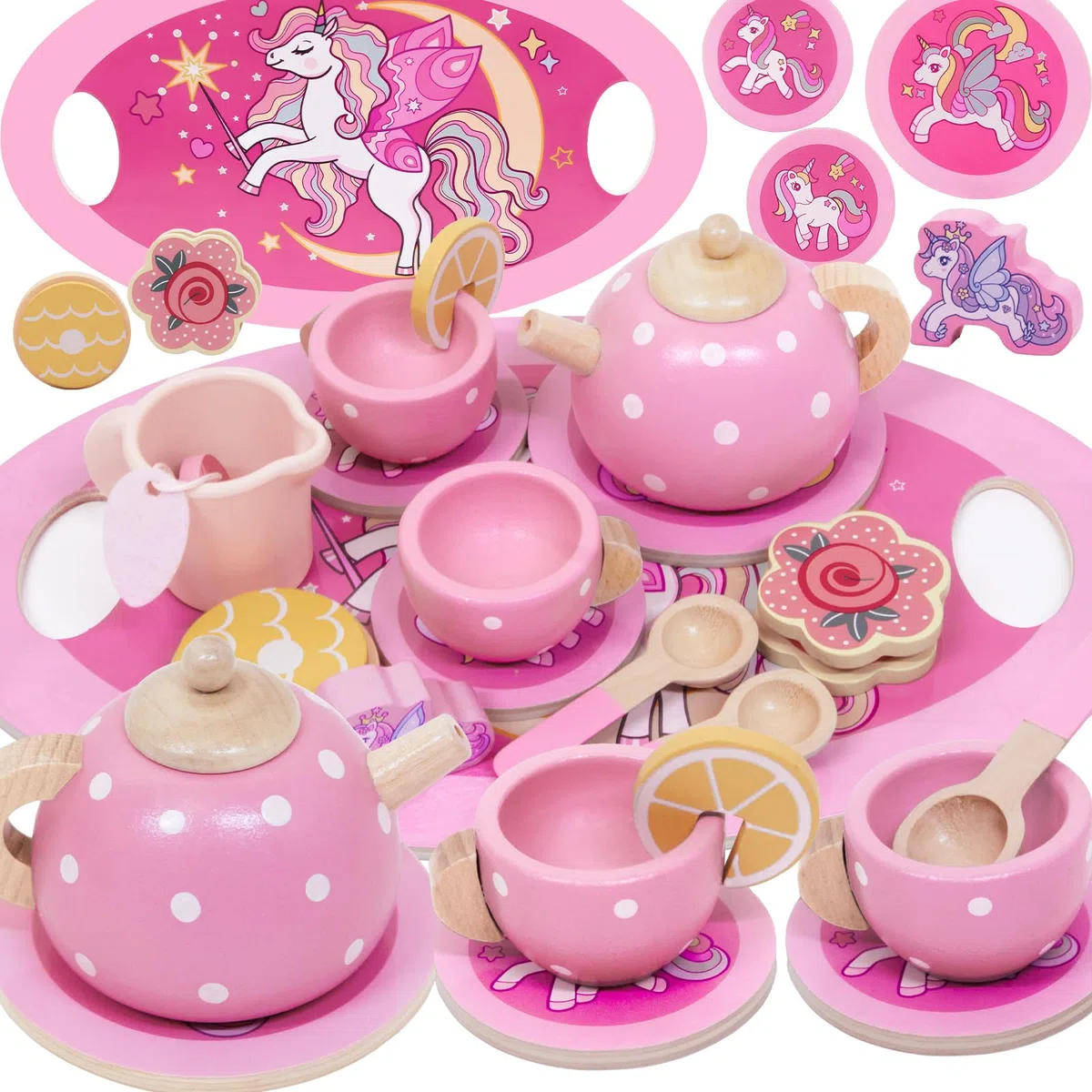 Geschenk Mädchen 2-6 Jahre,Einhorn Geschenke für Mädchen Einhorn Teeservice Kinder Holz Spielzeug ab 2 3 Jahre Teeparty Kinderküche Spielküche Zubehör Rollenspiel Kinder Spielzeug Geburtstagsgeschenk