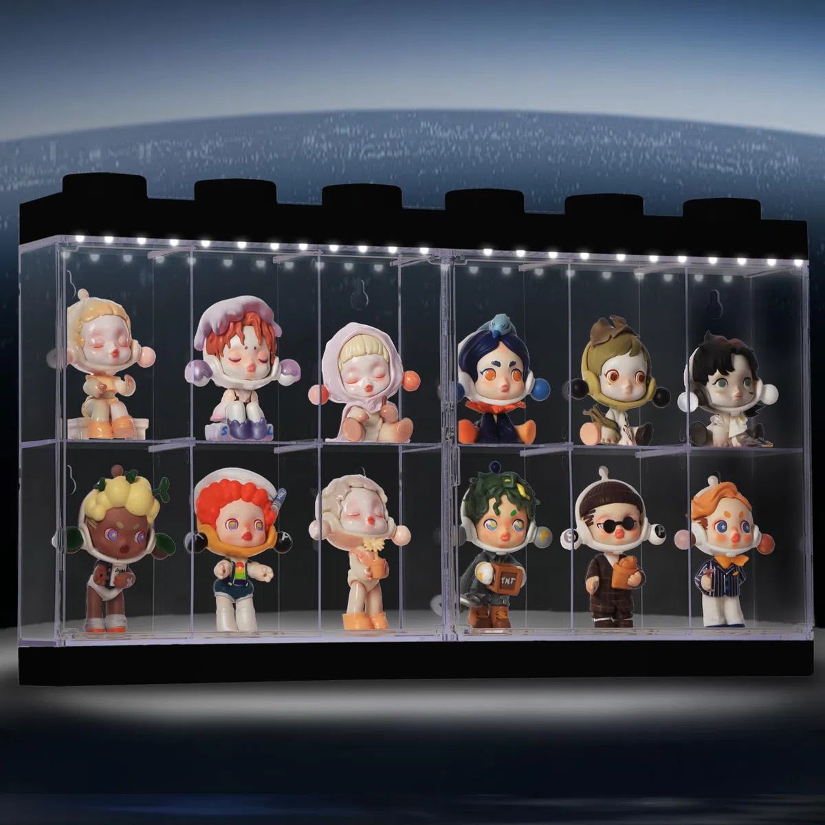 Transparente Vitrine mit Licht für Sammlerstücke, klare Acryl-Boxen für die Anzeige von Actionfiguren, Puppen, beleuchtete Trophäe, Gundam-Vitrine, staubdichte Aufbewahrungsbox (Schwarz, 12 Gitter mit