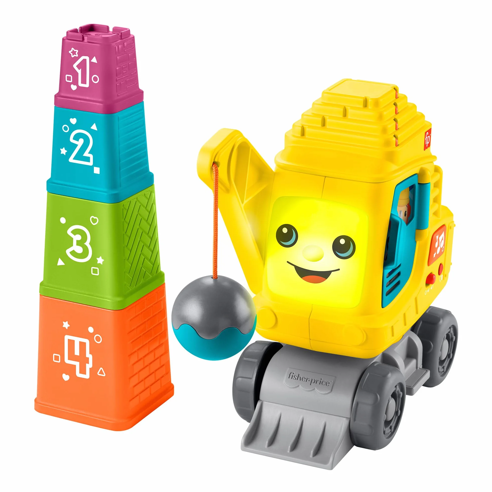 Fisher-Price Baufahrzeugspielzeug - Geräuschen und Sätzen, fördert Zahlen, Farben und Formen, mit Kran, Globus-Taste und Musik, für Kinder von 9 Monaten, Englisch; Französisch; Deutsch Version HXF48