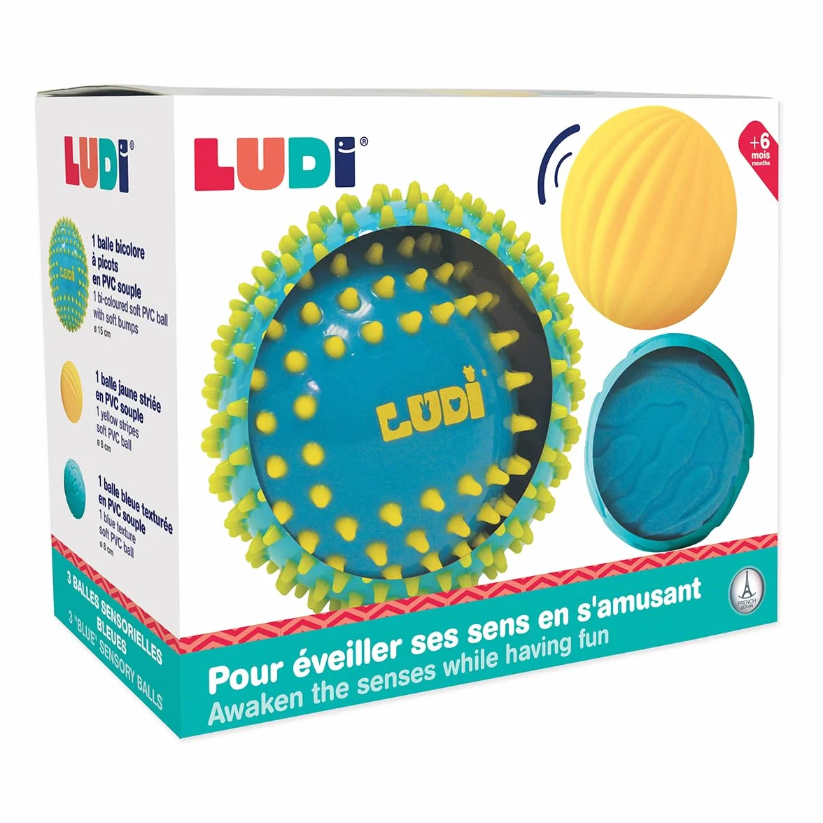 LUDI - 3 sensorische Bälle, weich, strukturiert, Spielzeug für Babys – ab 6 Monaten – entwickelt Berührung, Feinmotorik & Wohlbefinden – Durchmesser: 8 & 15 cm – Blau & Gelb
