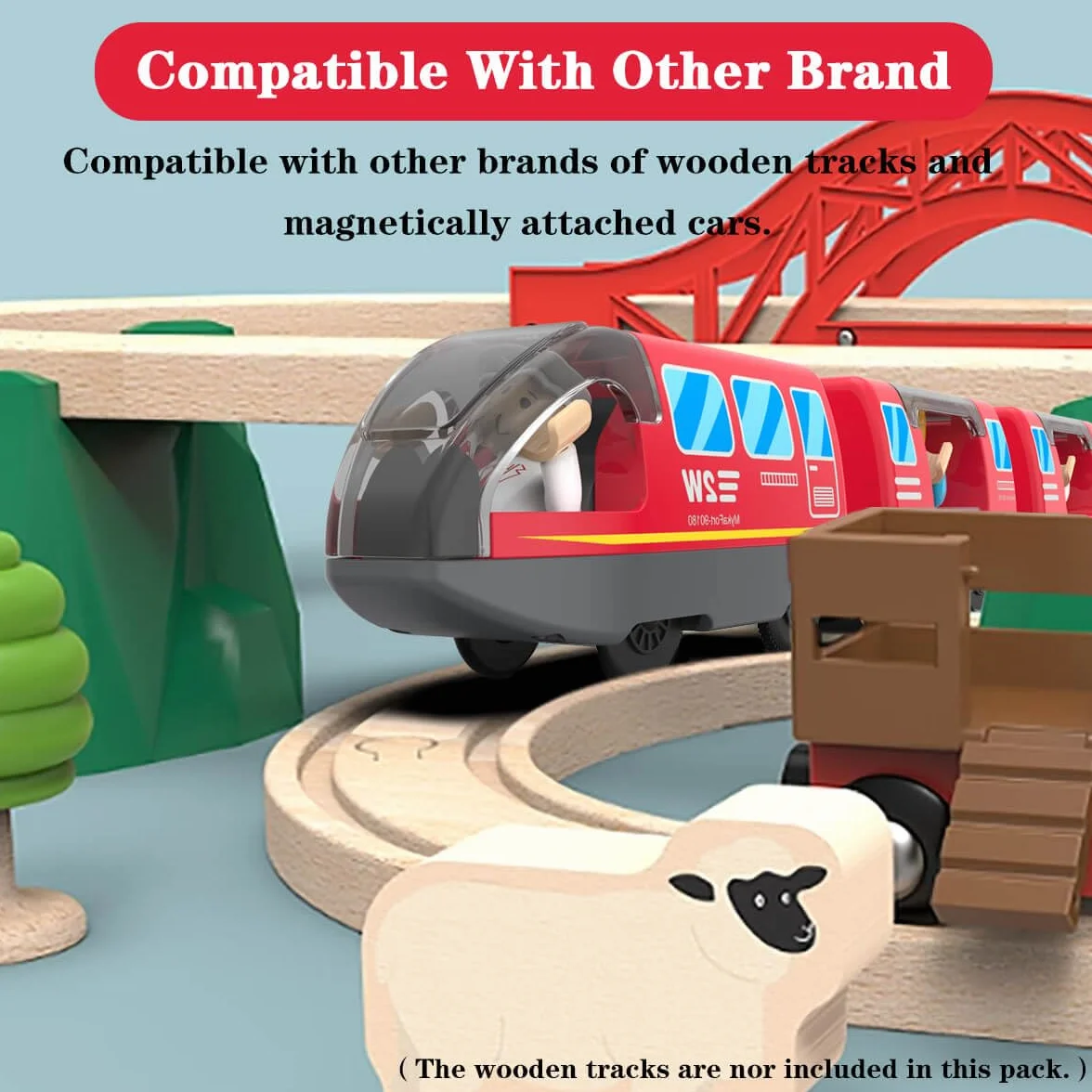 LiRiQi Eisenbahn elektrische lok Holzeisenbahn Zug Kinder, Batteriebetriebener Lokomotivzug, Motorzug kompatibel mit Thomas Brio, Geschenk Spielzeug für Junge Mädchen ab 3 Jahren, Rot