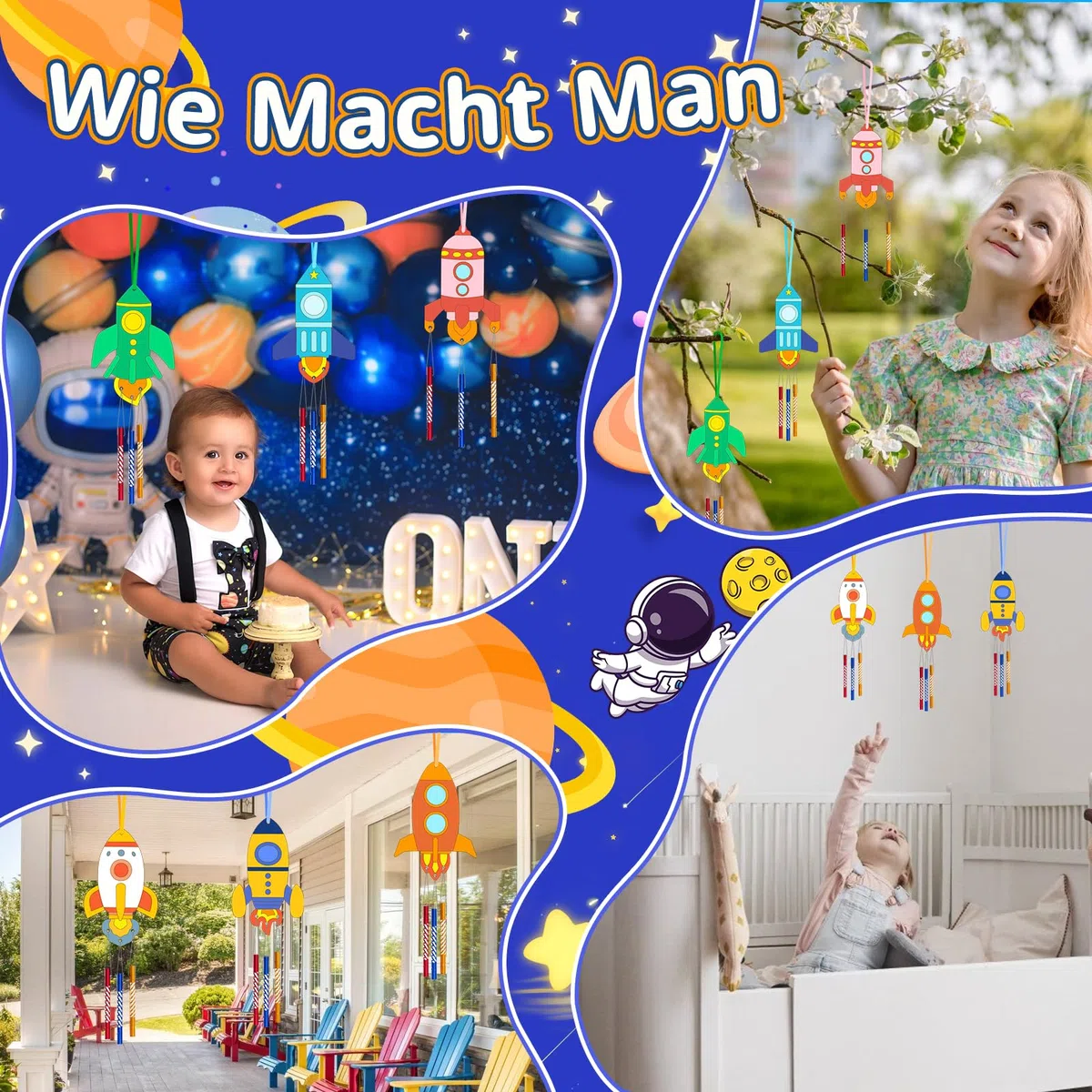 Kaluofan Windspiel Bastelset Kinder,12 STK Raketen Windspiel Basteln,DIY Kindergeburtstag Basteln Holz zum Bemalen,Weltraum Bastelset Kindergeburtstag für Jungen Mädchen Outdoor Party Deko