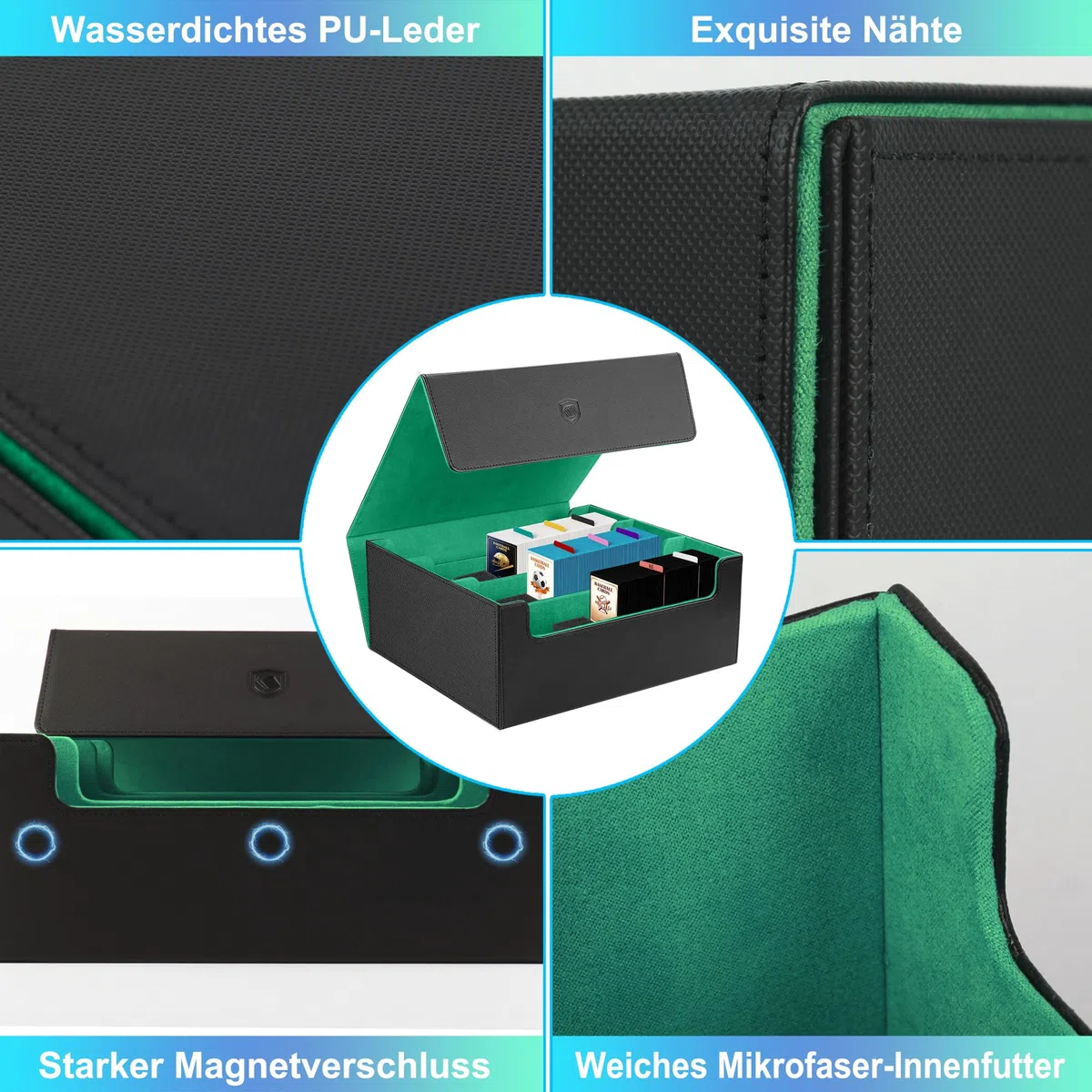 Kartenbox mit 200 Toploadern und 600 Kartenhüllen, Fasst 1800 eingehüllte Karten, Sammelkarten-Aufbewahrungsbox mit Magnetverschluss, 10 Trennern & 6 Stoppern für Sportkarten & TCGs (Schwarz und Grün)