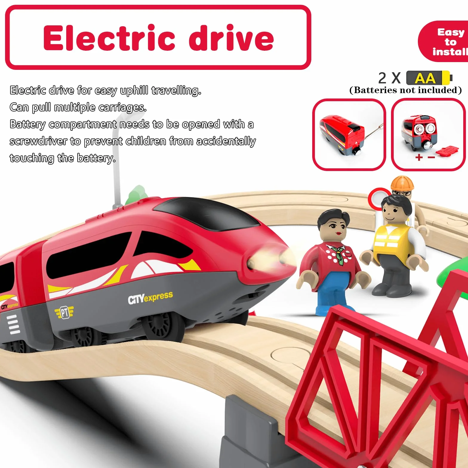 DxxD Eisenbahn Elektrische lok Holzeisenbahn Zug, Batteriebetriebenes Lokomotivzug mit Frontscheinwerfern und Sound, Zugset Kompatibel mit Brio, Thomas, Spielzeugauto Junge Kinder ab 3 Jahren, Rot