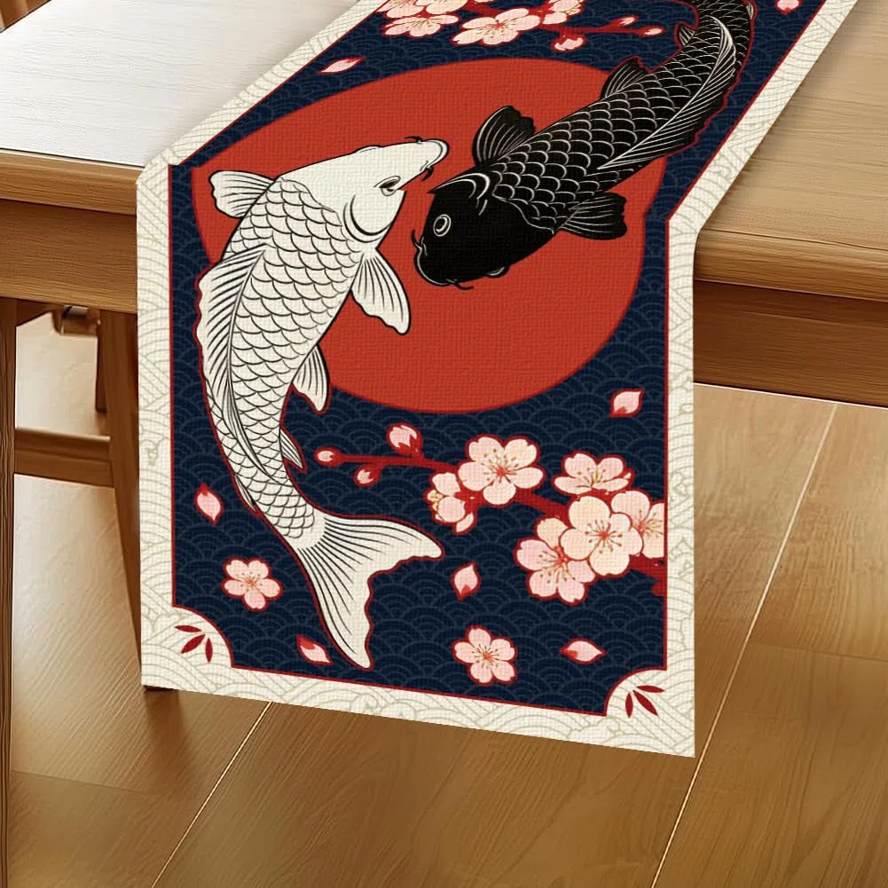WADORN Japanisch koi Fisch Tischläufer 1.8x0.3m Kirschblüte asiatisch Tischläufer lang Bauernhaus rustikal Küche Esszimmer Schreibtisch Deko für Frühling Sommer Feiertag Party Deko