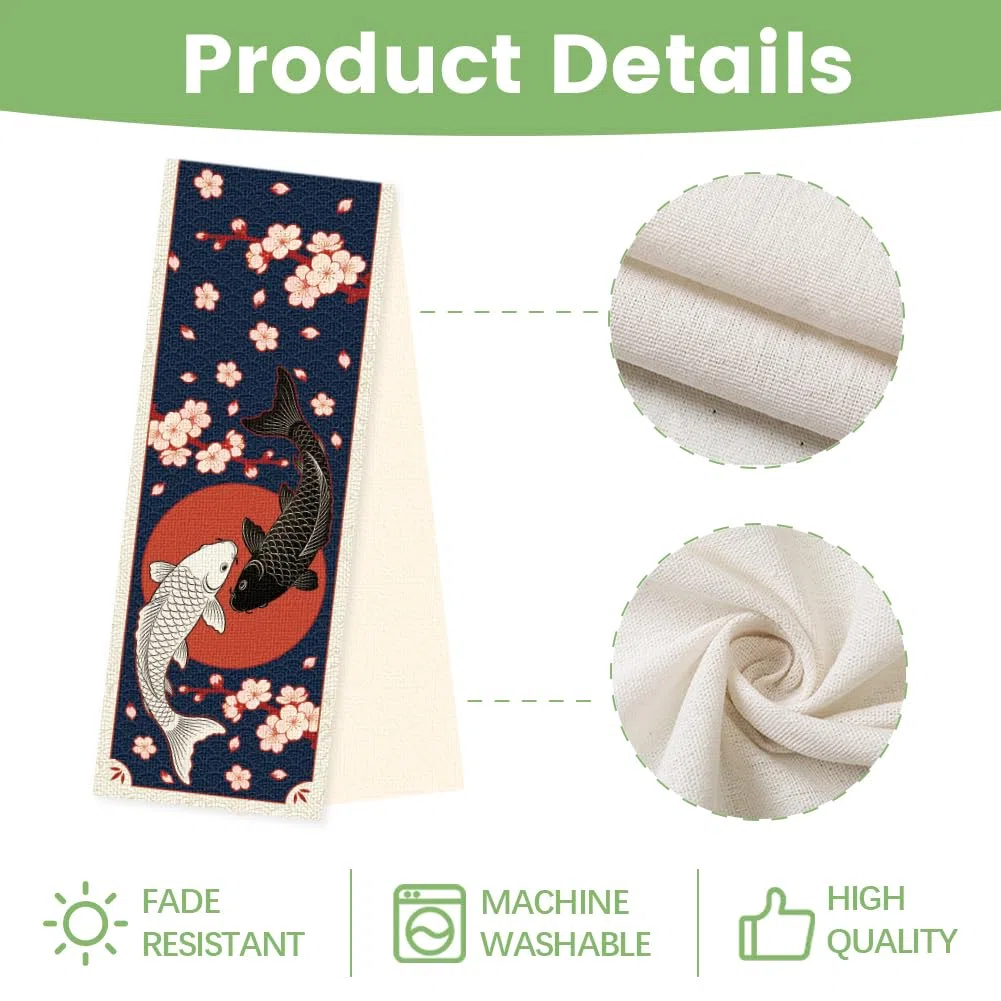 WADORN Japanisch koi Fisch Tischläufer 1.8x0.3m Kirschblüte asiatisch Tischläufer lang Bauernhaus rustikal Küche Esszimmer Schreibtisch Deko für Frühling Sommer Feiertag Party Deko