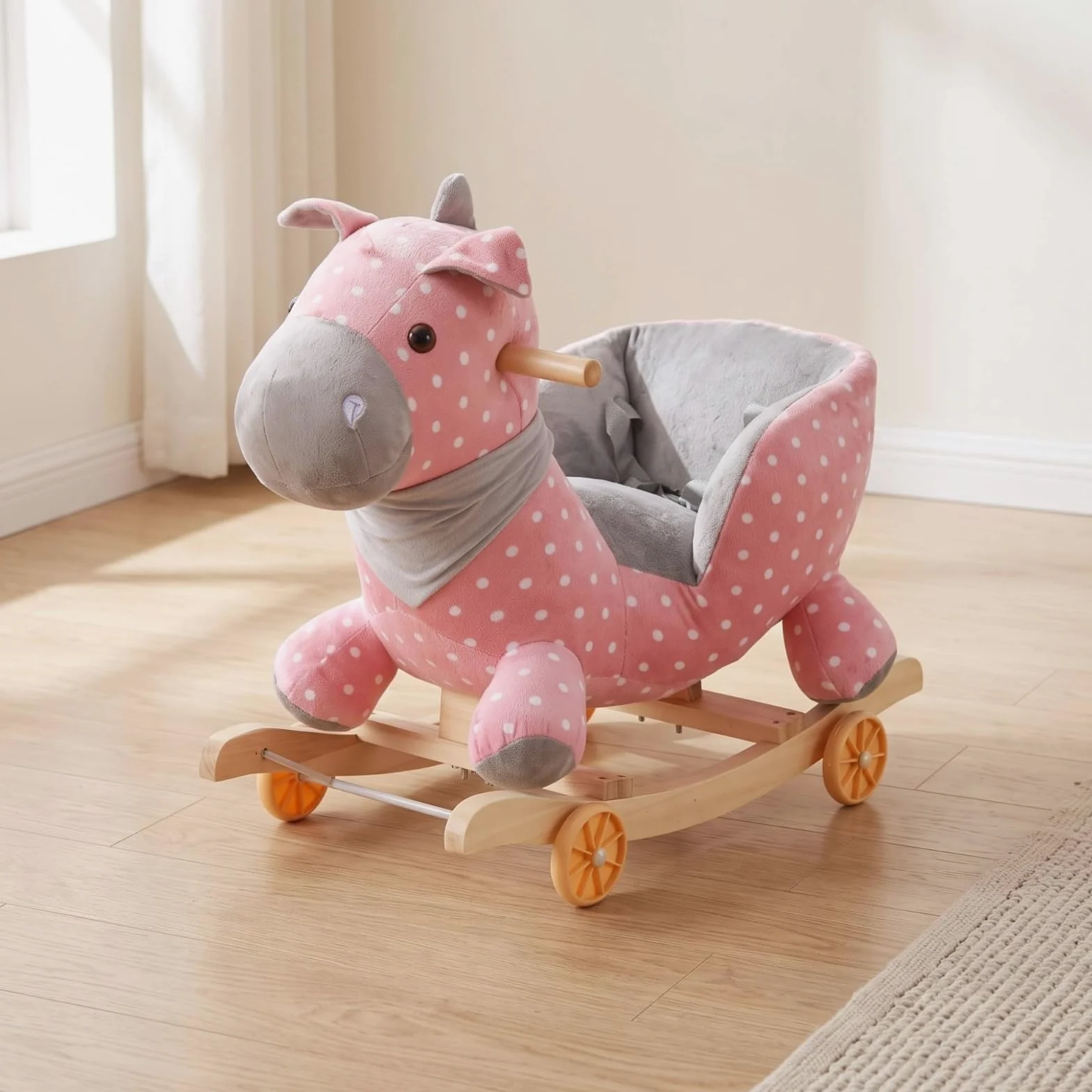 Schaukelpferd Kinder Pferde Spielzeug Reittier Plüsch Bezug auf Holz Kufen mit Rädern Bequemes Sitzen Und Stabile Haltegriffe für Kleinkinder, Rosa Gepunktetes Pferd, 60 28 50CM