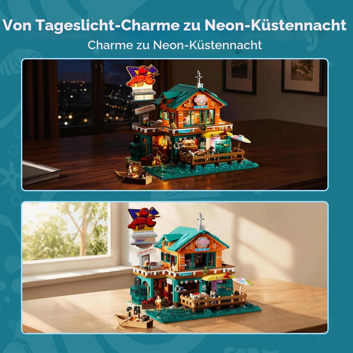 LUMIBRICKS Küsten-Seafood-Restaurant Beleuchtetes Klemmbaustein-Set, 2484 Teile Retro-Strandrestaurant mit LED-Lichtern, Modularer Hafen-Diner mit Öffnender Struktur & Meeresdetails