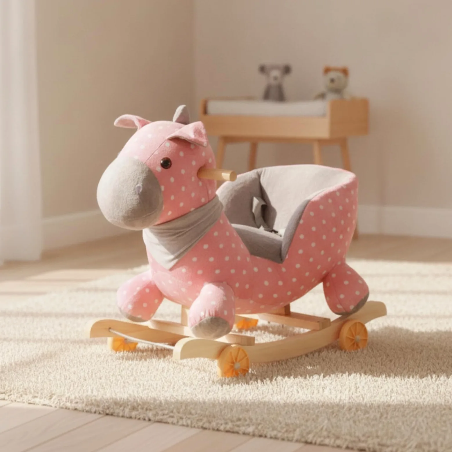 Schaukelpferd Kinder Pferde Spielzeug Reittier Plüsch Bezug auf Holz Kufen mit Rädern Bequemes Sitzen Und Stabile Haltegriffe für Kleinkinder, Rosa Gepunktetes Pferd, 60 28 50CM